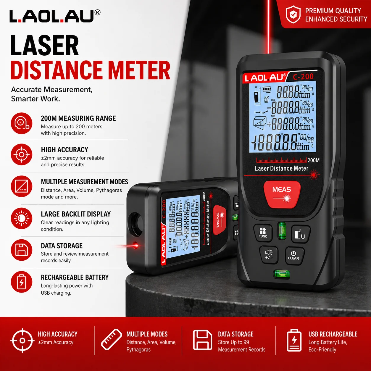 Power Tools Green - LAOLAU Digitaler Laser-Entfernungsmesser, roter/grüner Laserstrahl, hochpräzise