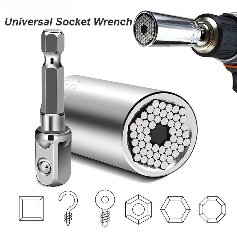 Power Tools List - Universeller Steckschlüsselkopf-Satz, 7-19mm Bohrmaschinenadapter, Schraubenschlüssel, Multifunktions-Handwerkzeug